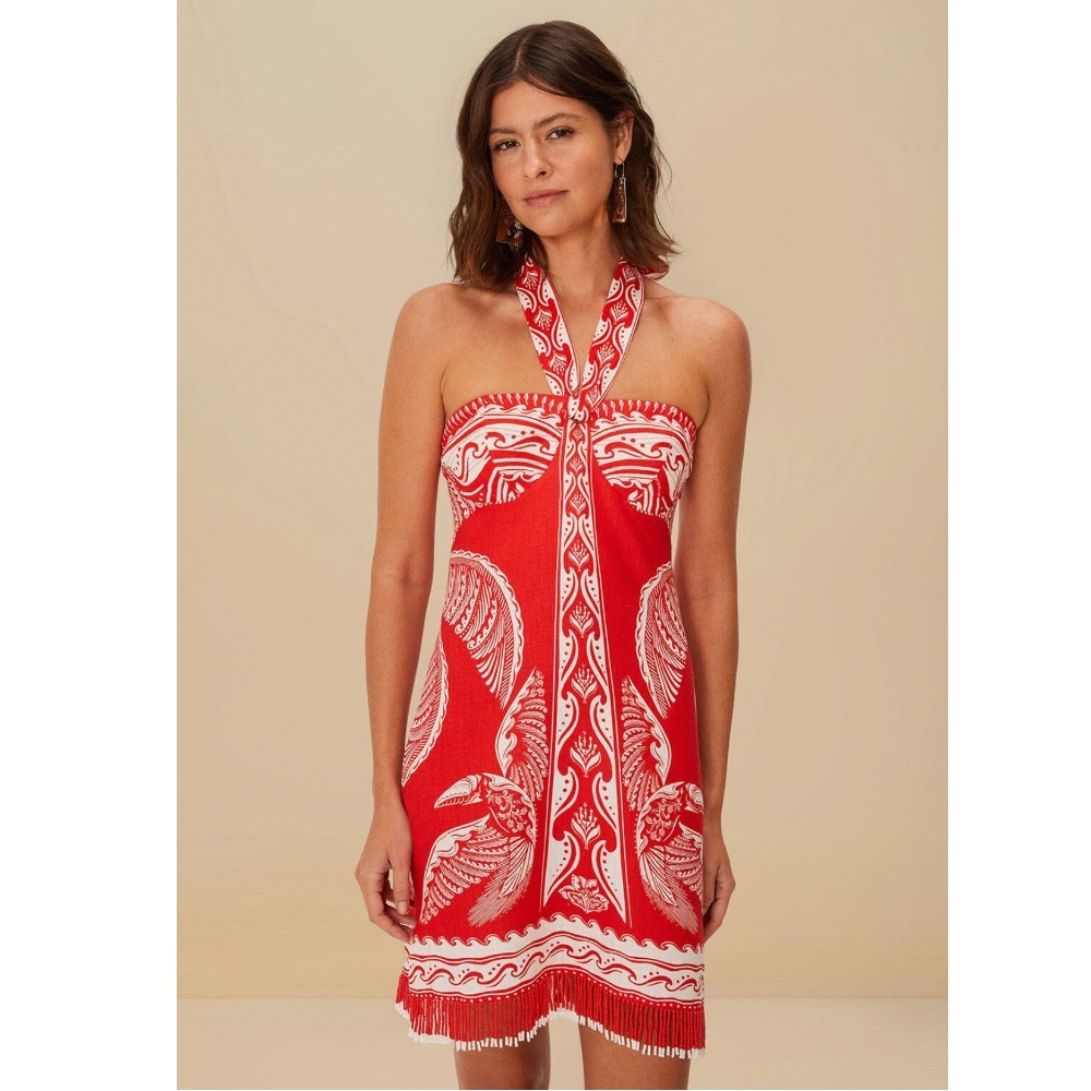 FARM Rio Beaded Fringe Red Off-White Majestic Coconut Mini Dress Size Small NWT - Picture 14 of 16